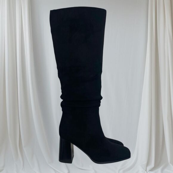 90s Style Black Faux Suede Slouchy Square Toe Square Heel Boots US 7 - Picture 1 of 8